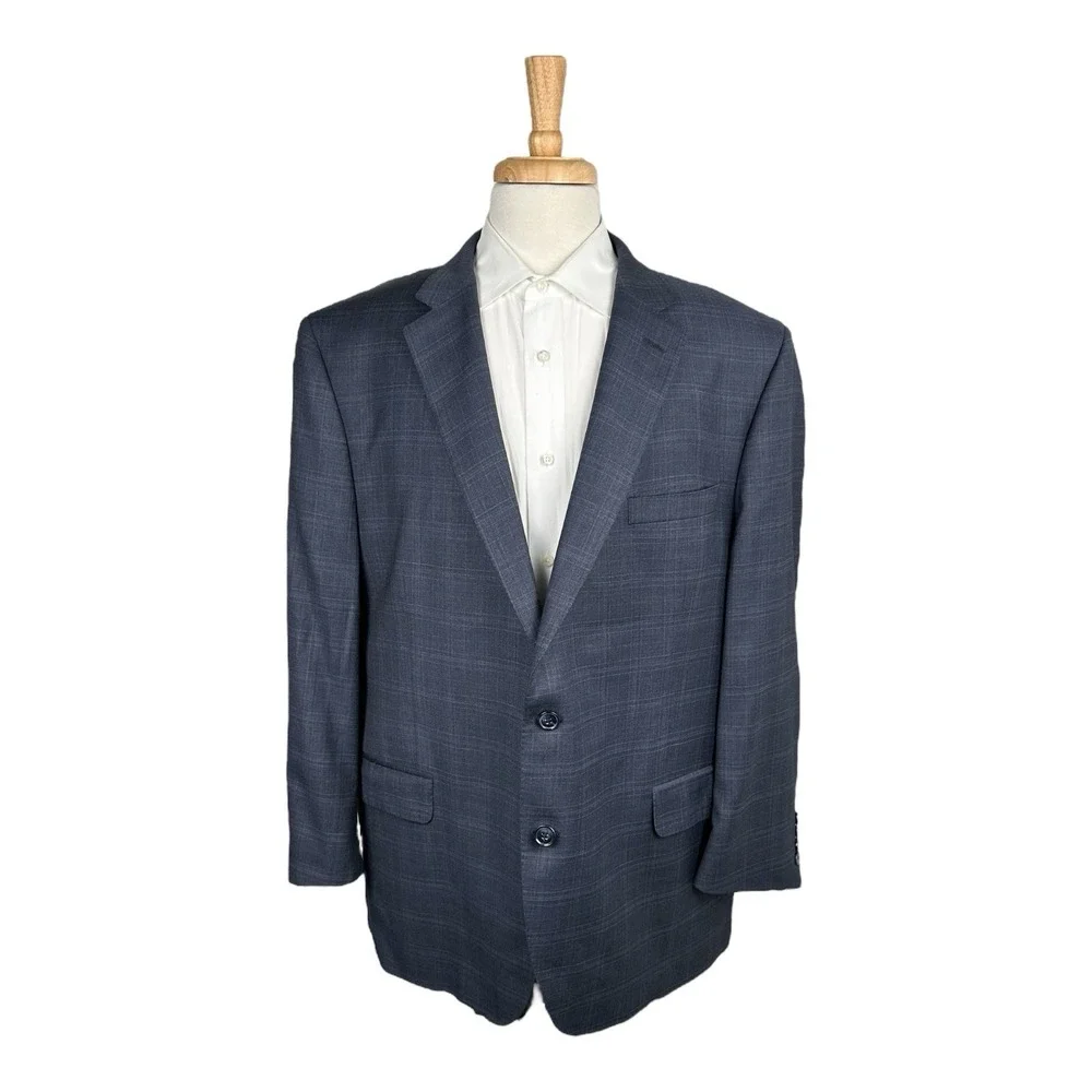 Peter Millar Blue Gray Checked Loro Piana Super 130s Wool Blazer Size 48R Mint
